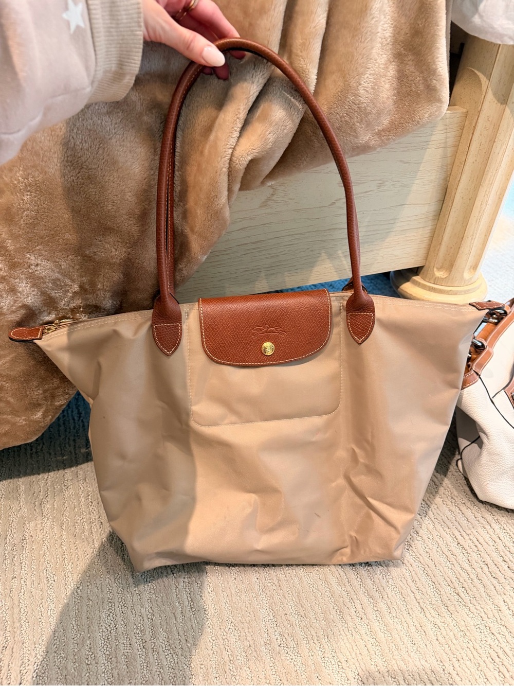 Longchamp Beige Nylon Tote with Brown Leather Trim